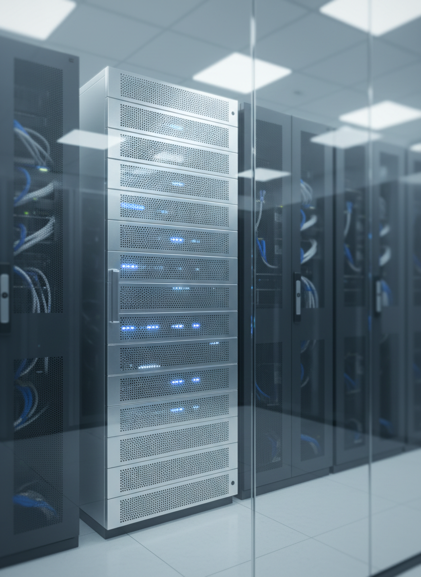 A sleek, silver rack-mounted server with subtle blue status LEDs and finely perforated metal panels, positioned in the center of a spotless, glass-walled data room. Surrounding it, rows of dark graphite network cabinets recede into a softly blurred background, with neatly organized blue and white cables visible through side vents. Cool, diffused ceiling lighting reflects gently off the brushed metal surfaces, creating a calm, professional atmosphere. Captured at eye level with a slight three-quarter angle in photographic realism, the composition uses the rule of thirds and a shallow depth of field to emphasize reliability, order, and modern IT infrastructure for entrepreneurs and small businesses.